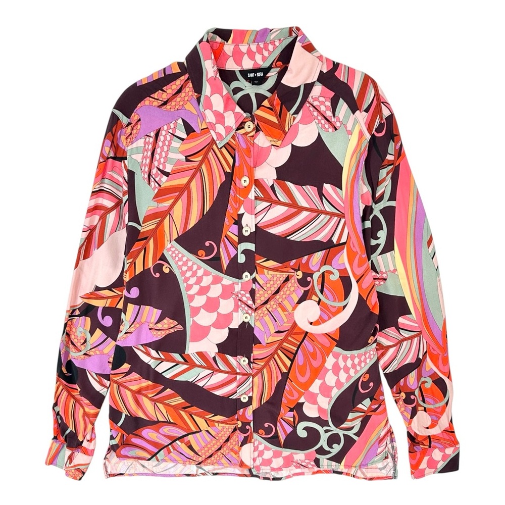 Saint + Sofia Pink Red Abstract Print Silky Lightweight Button Up Shirt Blouse